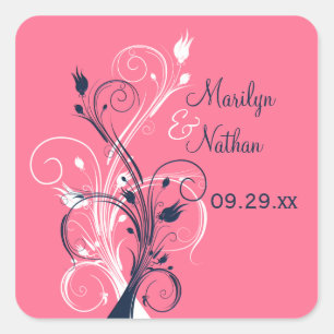 Cuadrada Pegatina Boda Floral blanca rosada de 1,5"