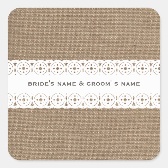 Cuadrada Pegatina Boda inspirado en burlap y Lace (Anverso)