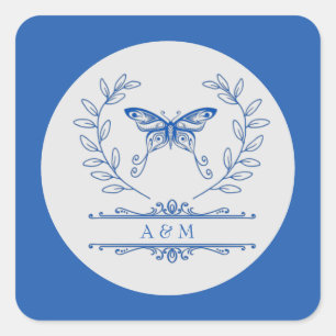 Cuadrada Pegatina Boda monogramada de mariposa azul