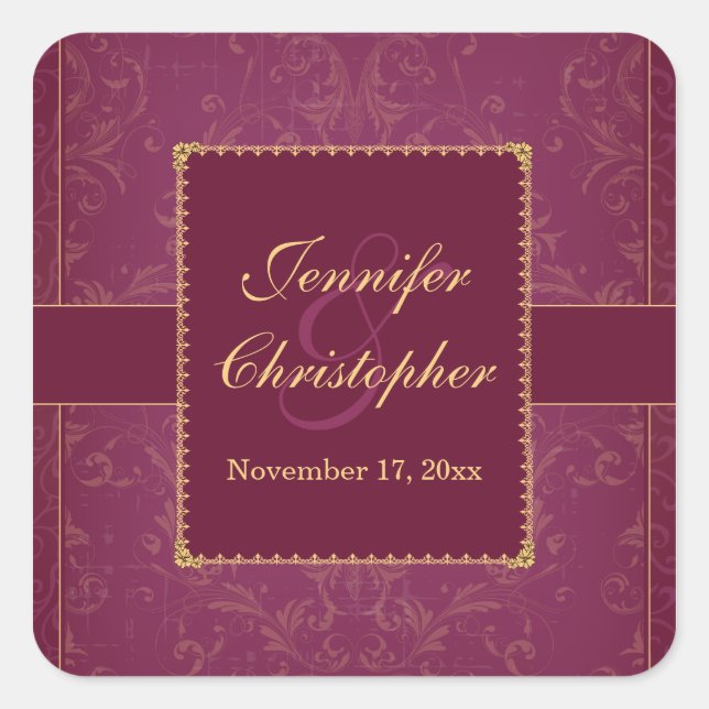Cuadrada Pegatina boda personalizado de frambuesa oscura y  (Anverso)