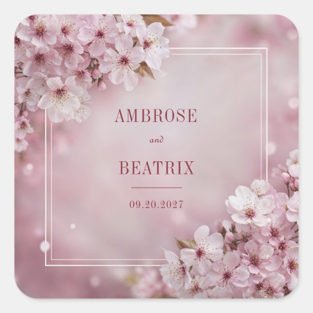 Cuadrada Pegatina Boda Romantic Sakura Blossom (Anverso)