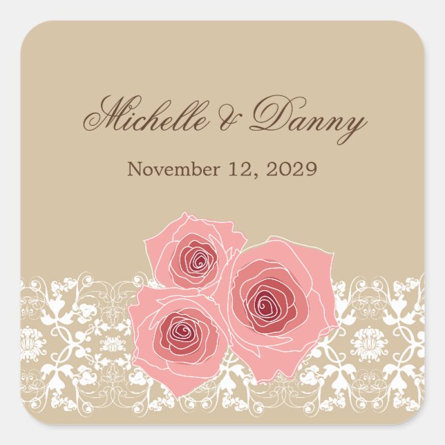 Cuadrada Pegatina Boda Romántico Rosa Damask Lace (Anverso)