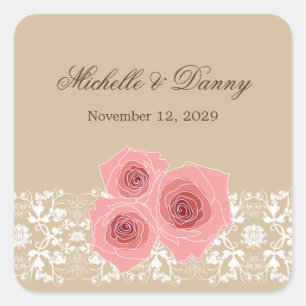 Cuadrada Pegatina Boda Romántico Rosa Damask Lace