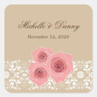 Cuadrada Pegatina Boda Romántico Rosa Damask Lace