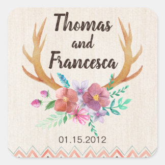 Cuadrada Pegatina Boda Rústico Floral Antler