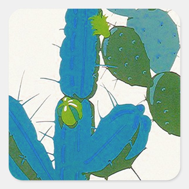 Cuadrada Pegatina Cacti Cactus Retro Turquoise Avacado SW A (Anverso)