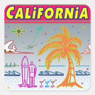 Cuadrada pegatina "CALIFORNIA" Surfer Beach