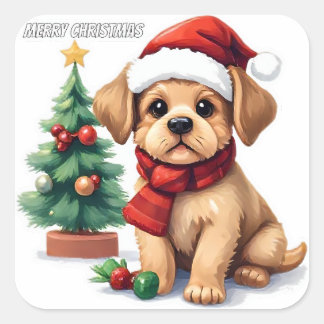 Cuadrada Pegatina caprichosa de cachorro de Navidad | "Feli