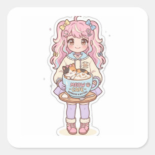 Cuadrada Pegatina Chibi de Chica Anime de Kawaii Neko Cafe