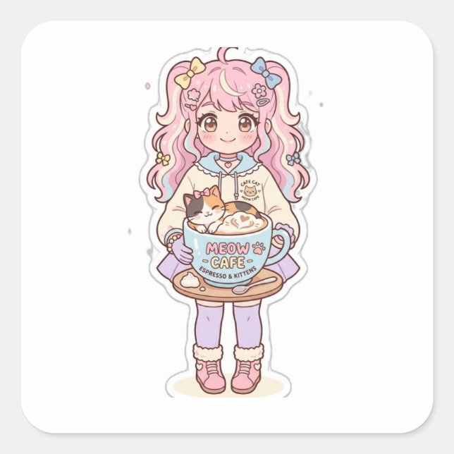 Cuadrada Pegatina Chibi de Chica Anime de Kawaii Neko Cafe (Anverso)