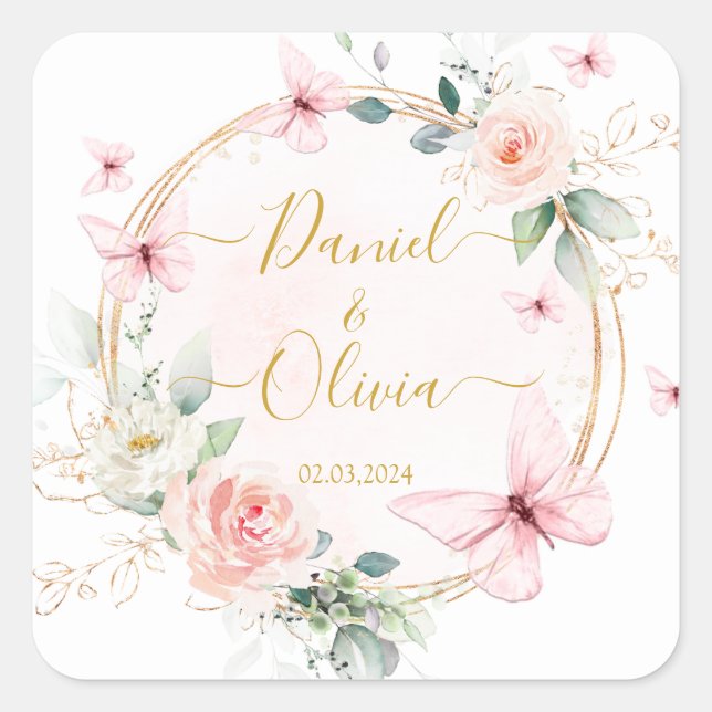 Cuadrada Pegatina clásico Boda de mariposas (Anverso)
