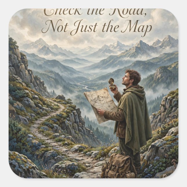 Cuadrada Pegatina "Comprueba el camino, no solo el mapa" (Anverso)