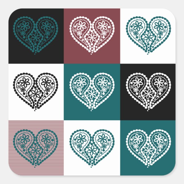 Cuadrada Pegatina con forma de corazón floral (Anverso)