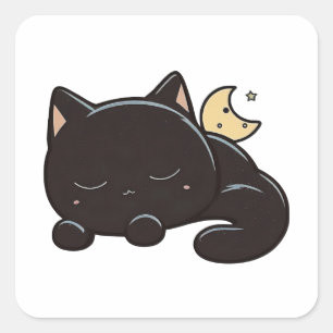 Cuadrada Pegatina con Gato Negro Dormido Kawaii