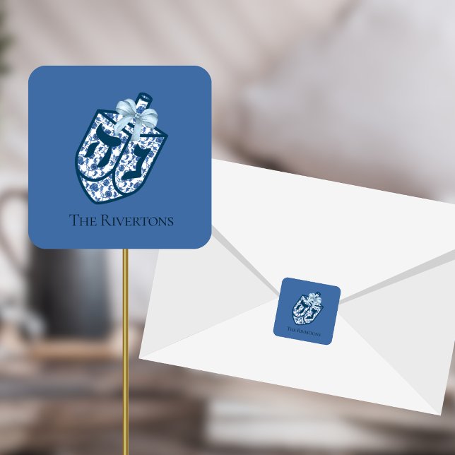 Cuadrada Pegatina con nombre de Dreidel de Chinoiserie Azul (Subido por el creador)