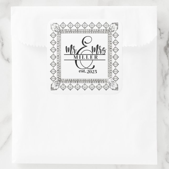 Cuadrada Pegatina con nombre personalizado Sr. y Sra. (Bolso)