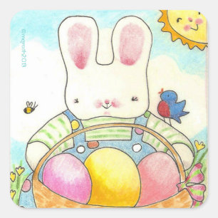 Cuadrada Pegatina Conejo de la Cesta de Pascua