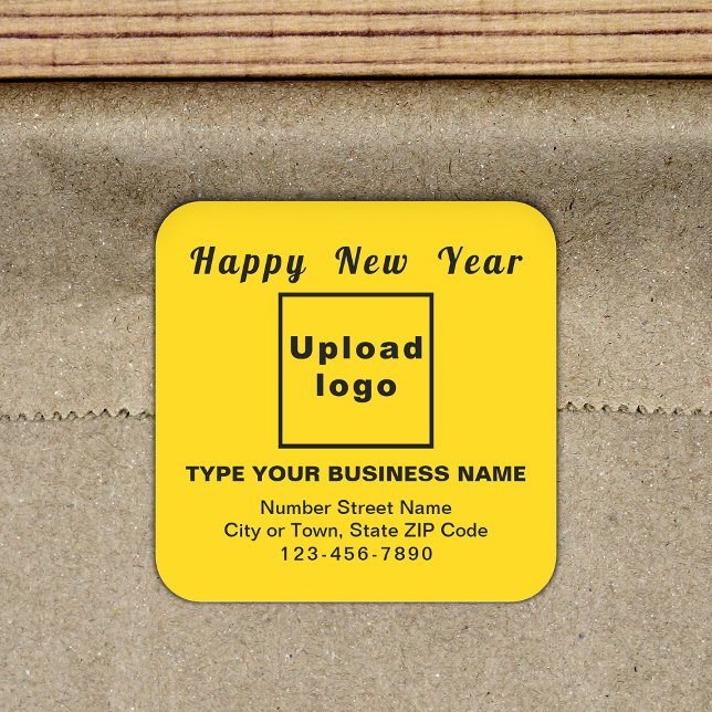Cuadrada Pegatina cuadrado amarillo de Año Nuevo profesiona (New Year greeting with your business brand on yellow square sticker.)