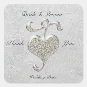 Cuadrada Pegatina cuadrado Boda de corazón plateado