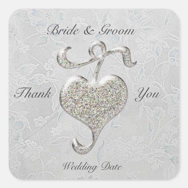 Cuadrada Pegatina cuadrado Boda de corazón plateado (Anverso)