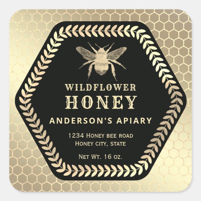 Cuadrada Pegatina cuadrado de abeja de miel de rama de hexa (Anverso)