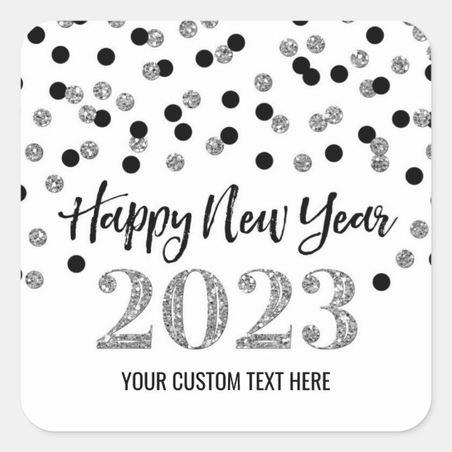 Cuadrada Pegatina cuadrado de Black Silver Feliz Año Nuevo  (Anverso)