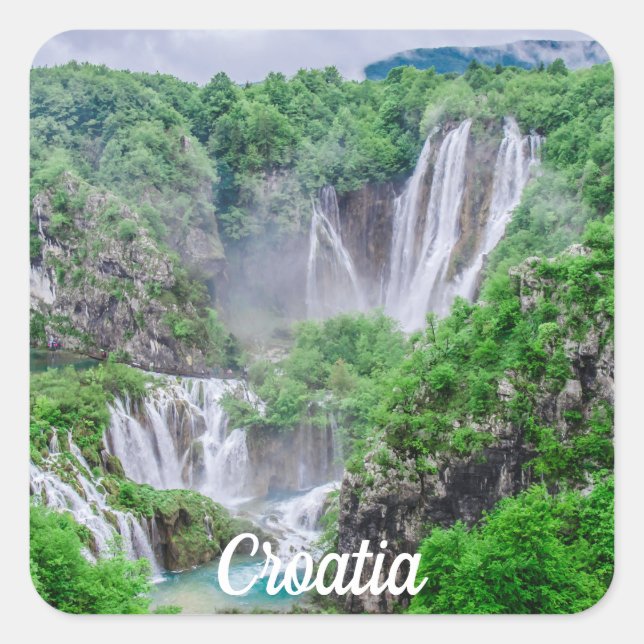 Cuadrada Pegatina cuadrado de cascadas de los lagos Plitvic (Anverso)