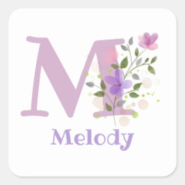 Cuadrada Pegatina cuadrado de diseño de nombre y flores ini