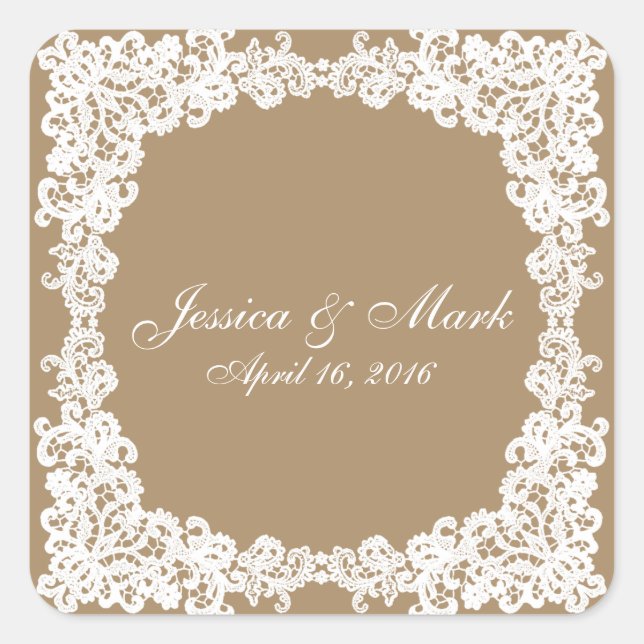 Cuadrada Pegatina cuadrado de encaje blanco y marrón (Anverso)