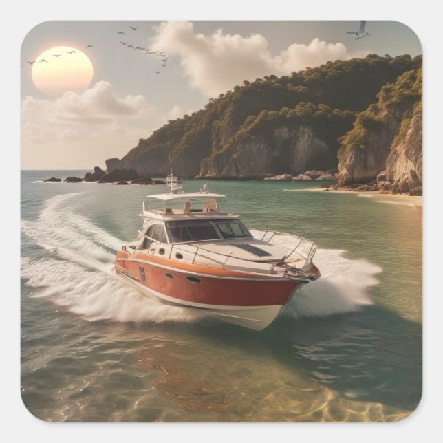 Cuadrada Pegatina cuadrado del barco de motor (Anverso)