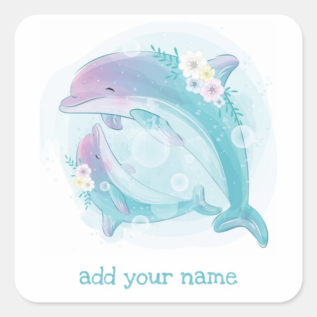 CUADRADA PEGATINA : CUMPLEAÑOS DE LOS NIÑOS: DELFINES (Anverso)