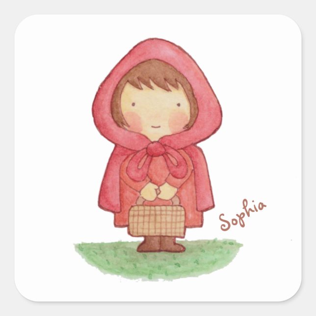 Cuadrada Pegatina Cute Watercolour de Caperucita Roja (Anverso)