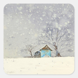 Cuadrada Pegatina de acuarela con paisaje de nieve