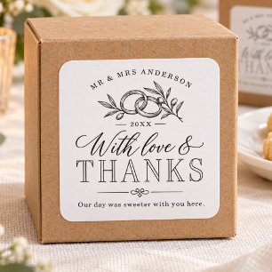 Cuadrada Pegatina de agradecimiento de boda con anillos bot