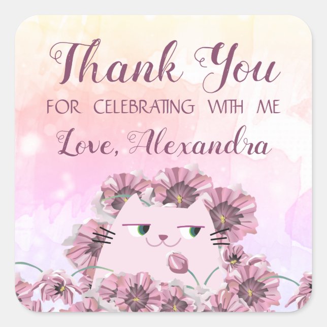 Cuadrada Pegatina de agradecimiento de cumpleaños de niña F (Anverso)