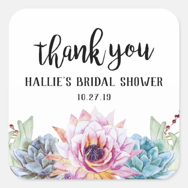 Cuadrada Pegatina de agradecimiento de suculenta (Anverso)