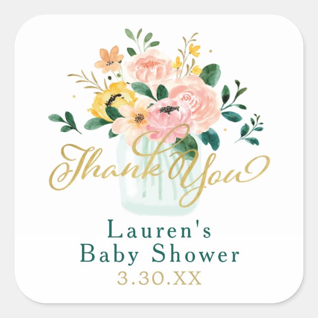 Cuadrada Pegatina de agradecimiento floral de flor silvestr (Anverso)