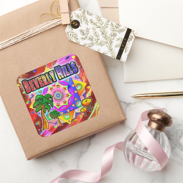 Cuadrada Pegatina de amigos tropicales de Beverly Hills (Regalar)