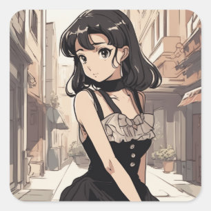 Cuadrada Pegatina de Anime LBD Vintage - Elegancia artístic