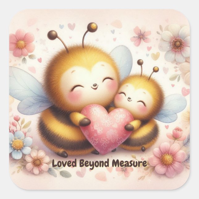 Cuadrada Pegatina de ánimo para San Valentín de Abeja Dulce (Anverso)