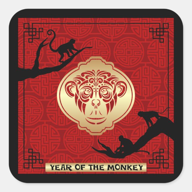 Cuadrada pegatina de año nuevo chino de monos 2016 (Anverso)
