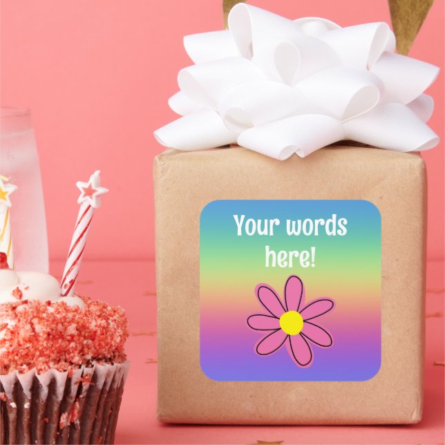 Cuadrada Pegatina de arcoiris y flores personalizado (Fiesta)