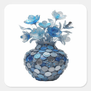 Cuadrada Pegatina de arte de jarrón floral azul plateado de