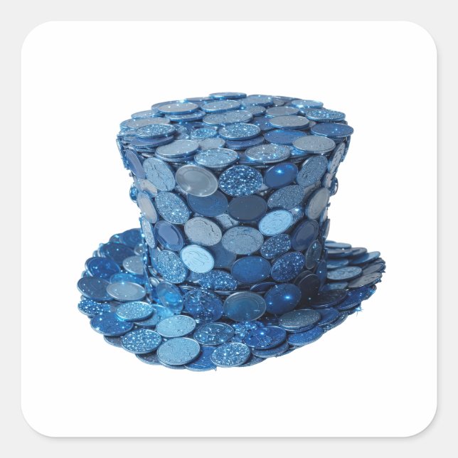 Cuadrada Pegatina de arte de sombrero de monedas azules pla (Anverso)