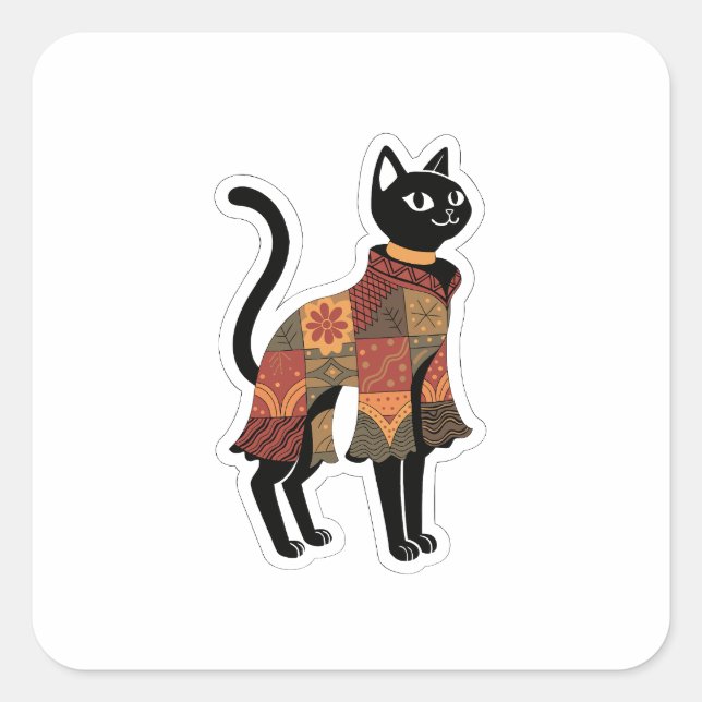 Cuadrada Pegatina de arte popular de gato con patchwork boh (Anverso)