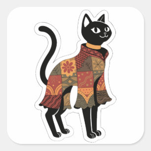 Cuadrada Pegatina de arte popular de gato con patchwork boh