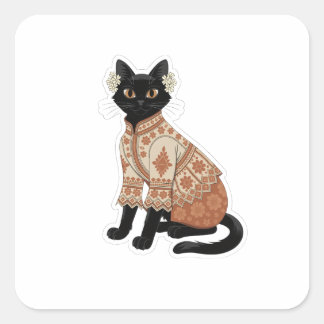 Cuadrada Pegatina de arte popular de gato floral de terraco