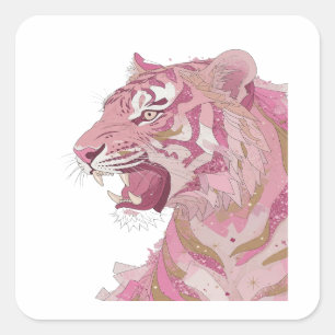 Cuadrada Pegatina de arte Vibrante Tigre Rosa Plateado