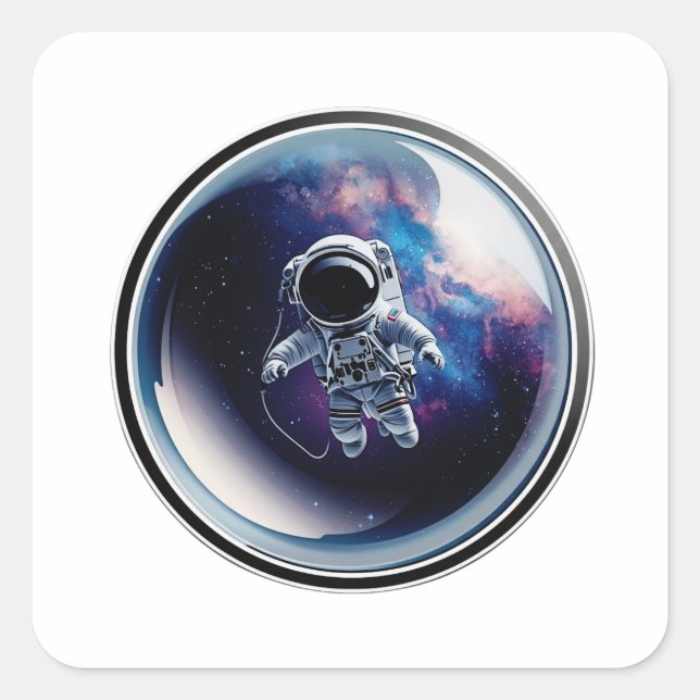 Cuadrada Pegatina de astronauta 3D en burbuja de galaxia es (Anverso)