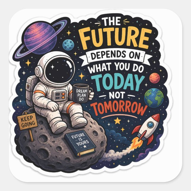 Cuadrada Pegatina de astronauta motivacional  (Anverso)
